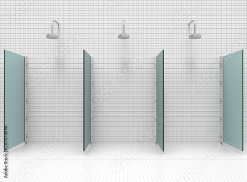 3d rendering. modern Shower room separate by blue mirror glass.