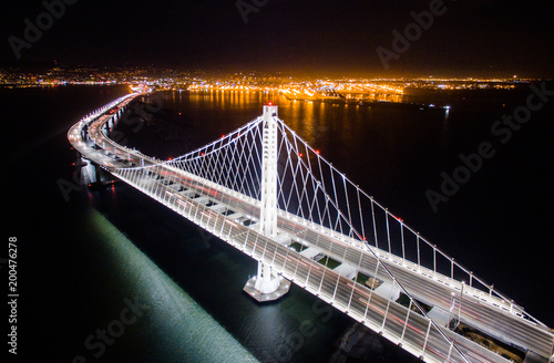 San Francisco Oakland Bay Bridge Aerial View at Night