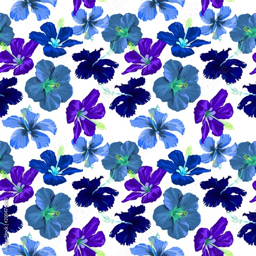 ฺbotanical Hibiscus blue cool tone design for illustration vector  seamless pattern with white background