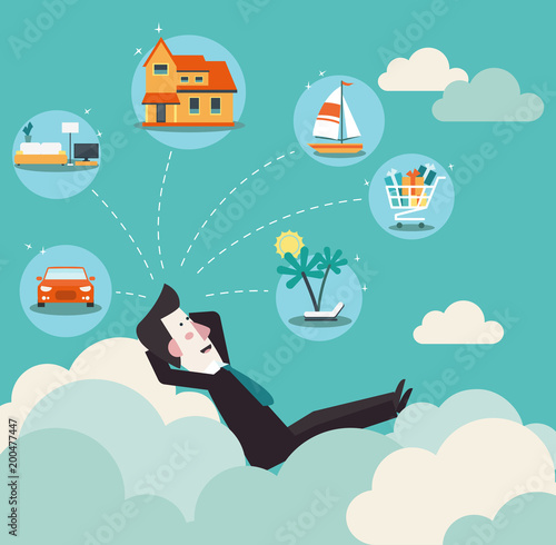 Relaxed and successful business man relaxing on clouds and dreaming about house, car, yacht, shopping, furniture and holiday vacation. Saving and investing money. Future financial planning concept