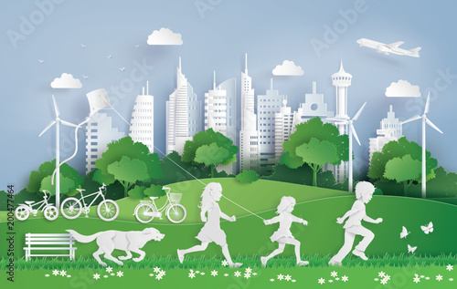children running in the city park