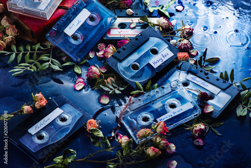 Foto Assortment of cassette tapes with melancholy music for rainy weather