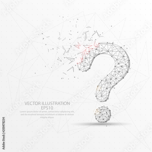 Question mark digitally drawn low poly triangle wire frame.