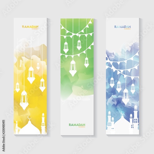 Ramadan Kareem Watercolor Design. Colorful Cloud Ramadan Celebration Banner, Vector Illustration for greeting card, poster and voucher.