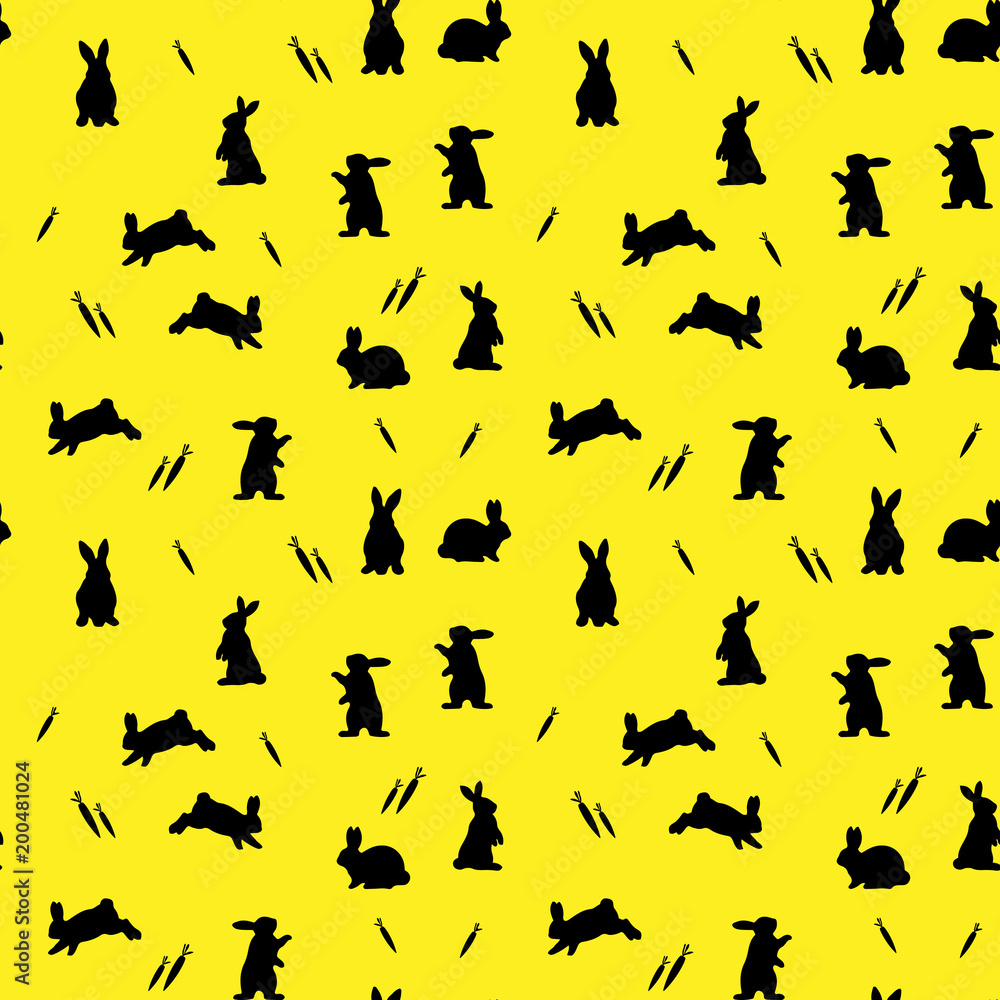 Seamless pattern, black silhouette bunnies on a yellow background, and a carrot,
