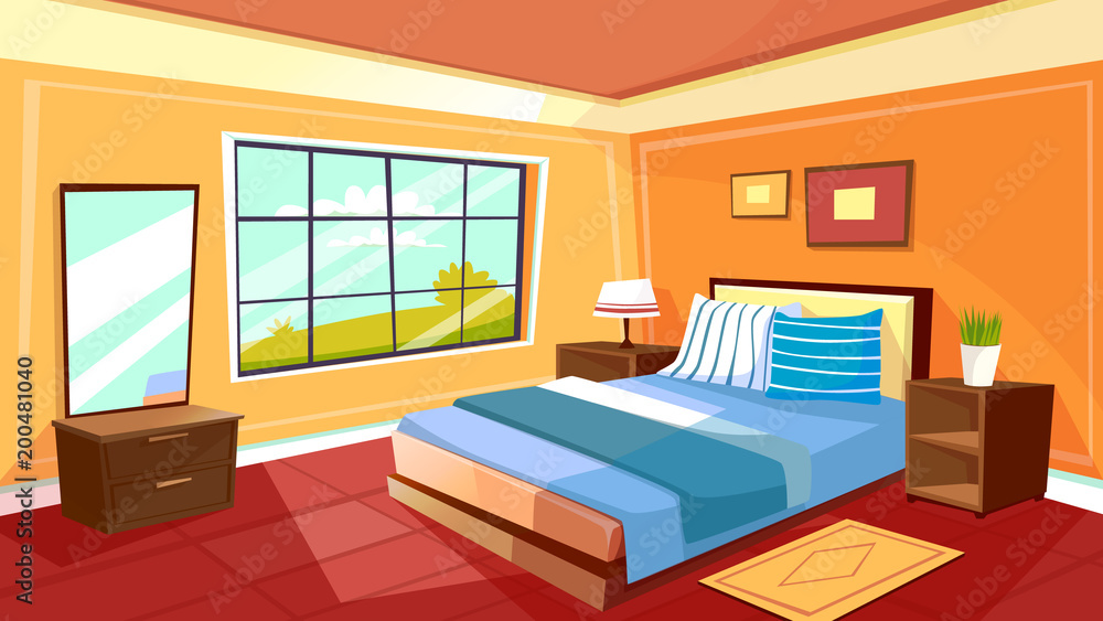 Vector cartoon bedroom interior background template. Cozy modern house room  in morning light. Illustration with sofa, mirror, big window, nightstand  with lamp, carpet, plant in pot, wall pictures Stock Vector | Adobe
