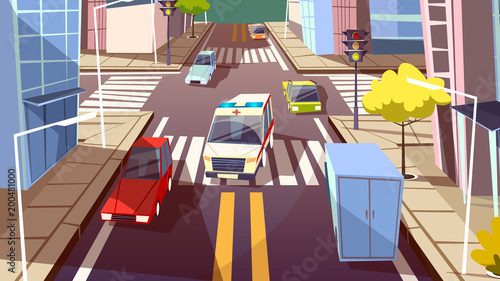 City street and ambulance car vector illustration. Cartoon flat deisgn or urban traffic road and transport cars giving way to medical ambulance with emergency lights