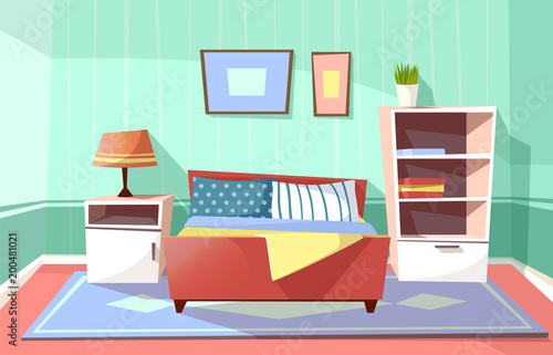 Vector cartoon bedroom interior background template. Cozy modern house room concept. Illustration with sofa nightstand, bedside table with lamp, bookshelf, carpet plant in pot and pictures at wall.