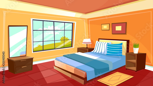 Vector cartoon bedroom interior background template. Cozy modern house room in morning light. Illustration with sofa, mirror, big window, nightstand with lamp, carpet, plant in pot, wall pictures