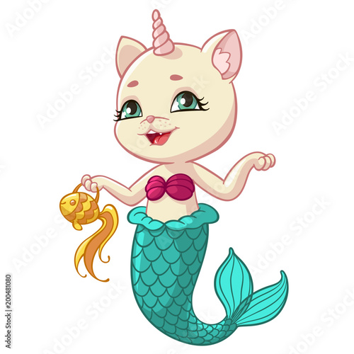Cartoon kitty mermaid or unicorn vector illustration for kid Happy Birthday greeting card template. Isolated cute fairy magic unicorn cat princess with mermaid tail fin, shells and gold fish purse