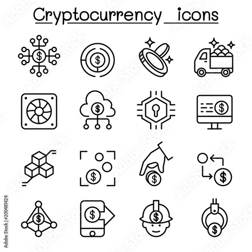 Cryptocurrency icon set in thin line style