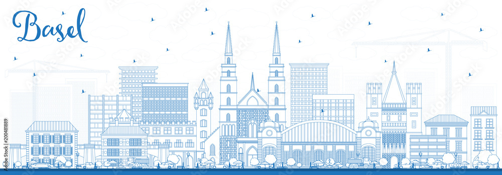 Outline Basel Switzerland City Skyline with Blue Buildings.