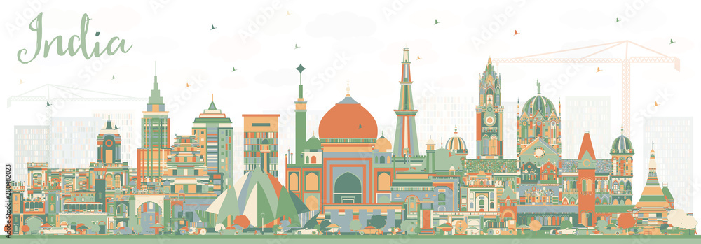 India City Skyline with Color Buildings. Delhi. Mumbai, Bangalore, Chennai.