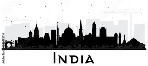 India City Skyline Silhouette with Black Buildings Isolated on White.