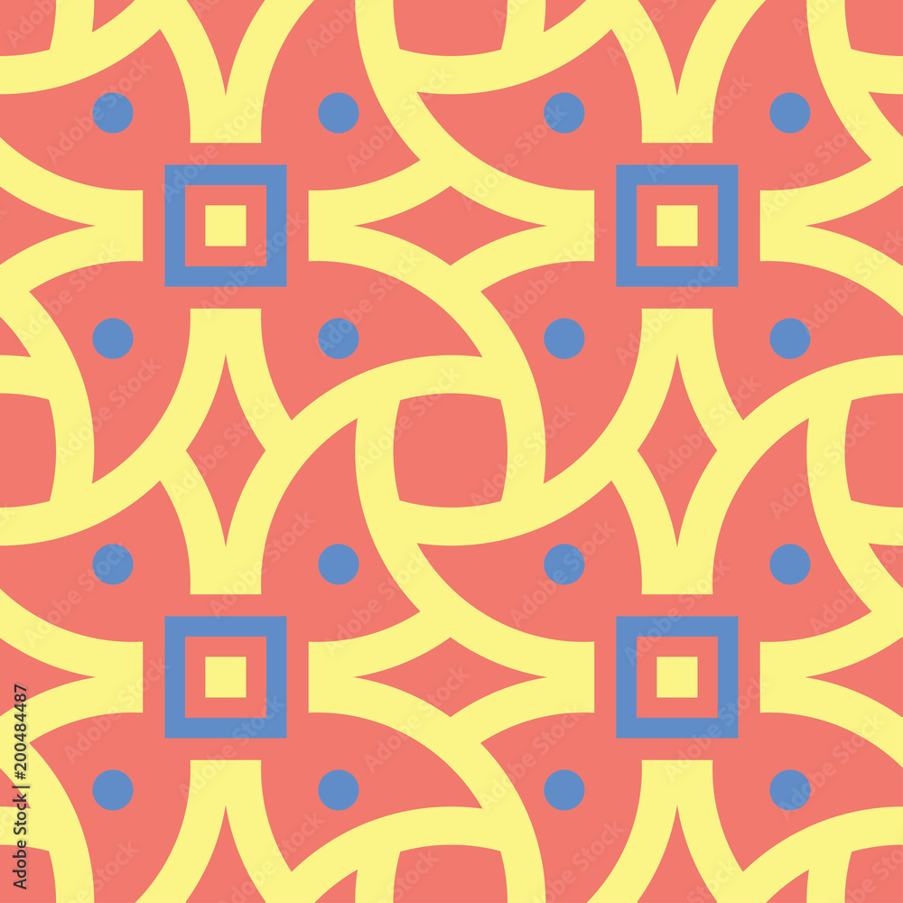 Geometric red orange seamless pattern. Bright background with blue and yellow design