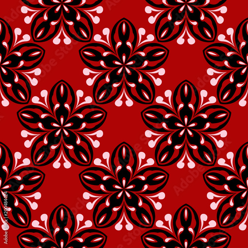 Seamless floral background. Black and white pattern on red backdrop