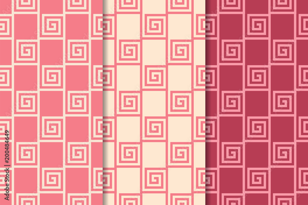 Cherry red geometric ornaments. Set of seamless patterns Cherry red geometric ornaments. Set of seamless patterns