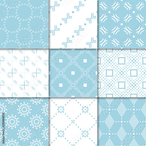 Blue and white geometric ornaments. Collection of seamless patterns