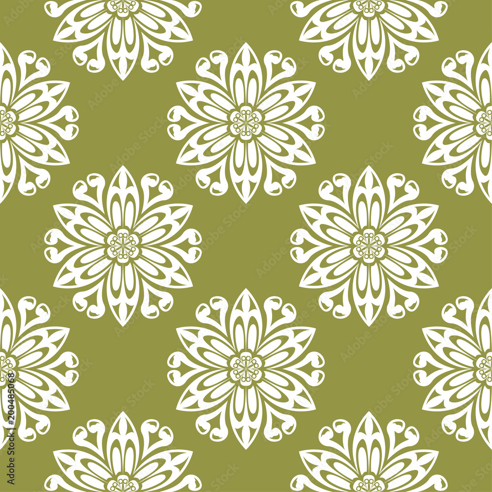 White flower on olive green background. Seamless pattern