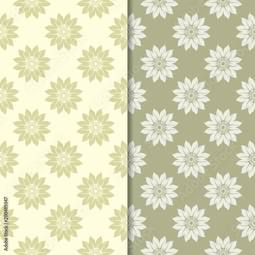 Olive green floral backgrounds. Set of seamless patterns