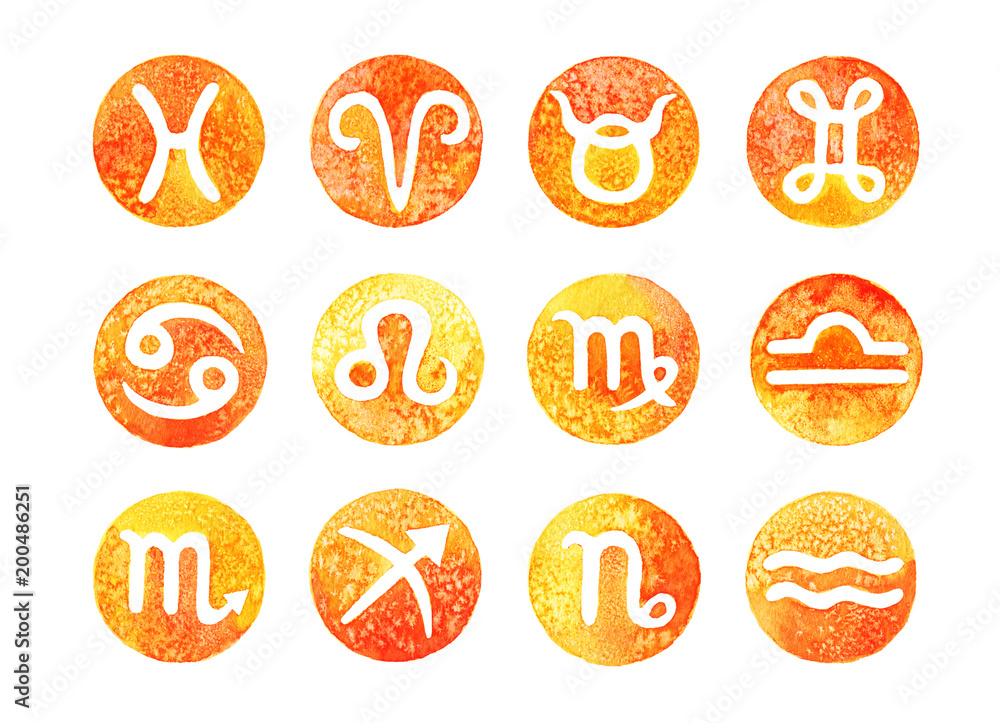 A set of watercolor signs of the zodiac. Watercolor texture. Horoscope. Isolated on white background