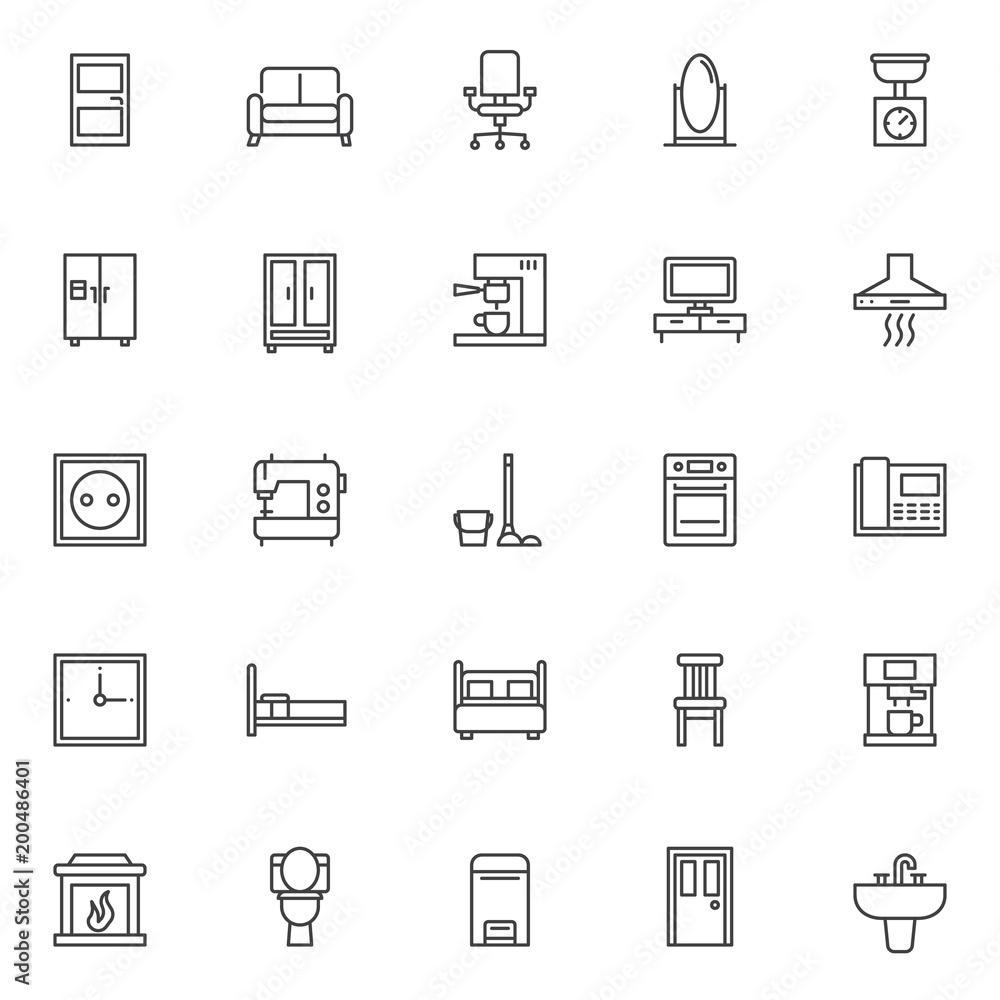 Home furniture outline icons set. linear style symbols collection, line signs pack. vector graphics. Set includes icons as door, sofa household furniture, office chair, mirror, kitchen scales, fridge Home furniture outline icons set. linear style symbols collection, line signs pack. vector graphics. Set includes icons as door, sofa household furniture, office chair, mirror, kitchen scales, fridge