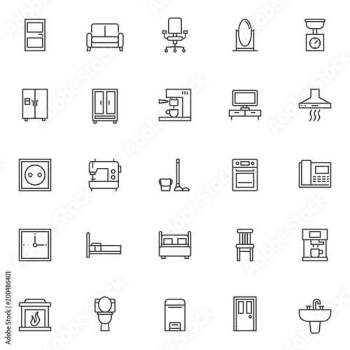 Home furniture outline icons set. linear style symbols collection, line signs pack. vector graphics. Set includes icons as door, sofa household furniture, office chair, mirror, kitchen scales, fridge