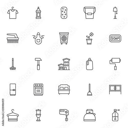 Household outline icons set. linear style symbols collection, line signs pack vector graphics. Set includes icons as hanger with shirt, detergent bottle, sponge, bucket, floor lamp, clean brush, apron