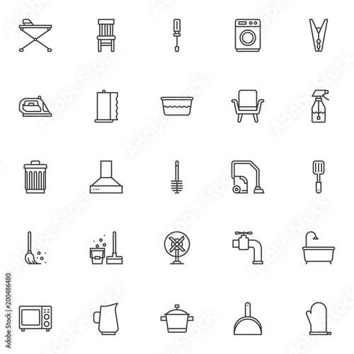 Household equipment outline icons set. linear style symbols collection, line signs pack. vector graphics. Set includes icons as ironing board, chair, screwdriver, washing machine, clothes pin, iron