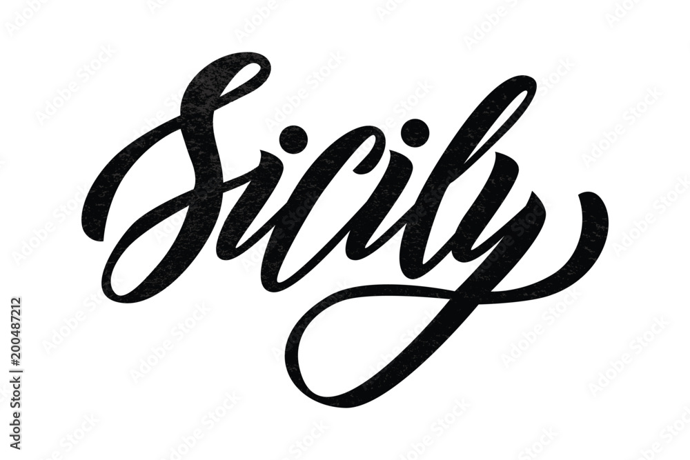 Vector lettering of word Sicily. Modern calligraphy. As template of logotype, label, icon, tag, banner. Inscription for packing product to store, for journal, flyer. Vector lettering of word Sicily. Modern calligraphy. As template of logotype, label, icon, tag, banner. Inscription for packing product to store, for journal, flyer.