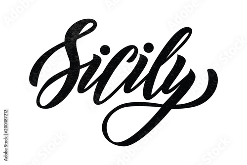 Vector lettering of word Sicily. Modern calligraphy. As template of logotype, label, icon, tag, banner. Inscription for packing product to store, for journal, flyer.