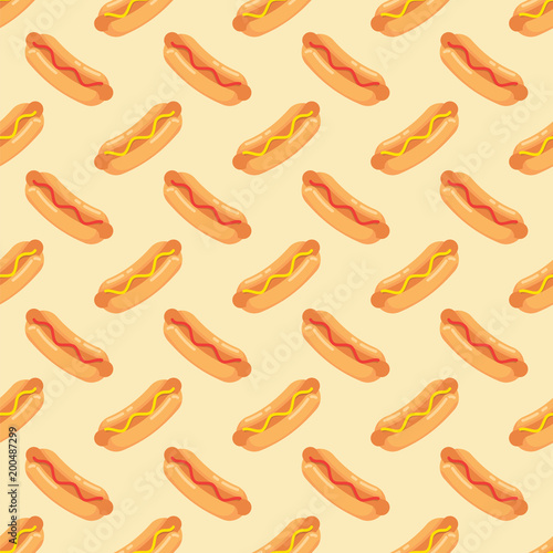 Hot dogs with sausage, tomato ketchup and mustard sauce seamless pattern. Pattern hot dogs on colored background.