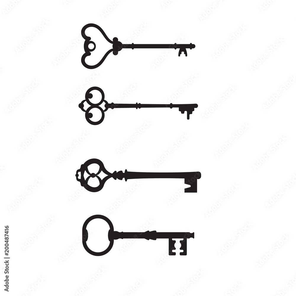 Set antique keys for locks different shapes vector icon. Vector icon old keys isolated on white background. Black vintage keys vector. Set antique keys for locks different shapes vector icon. Vector icon old keys isolated on white background. Black vintage keys vector.