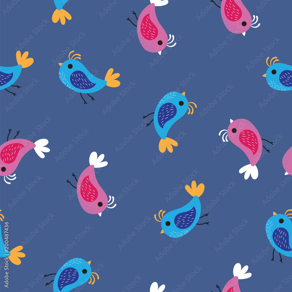 Pink and blue birds pattern background. Seamless pattern colored birds on blue background.