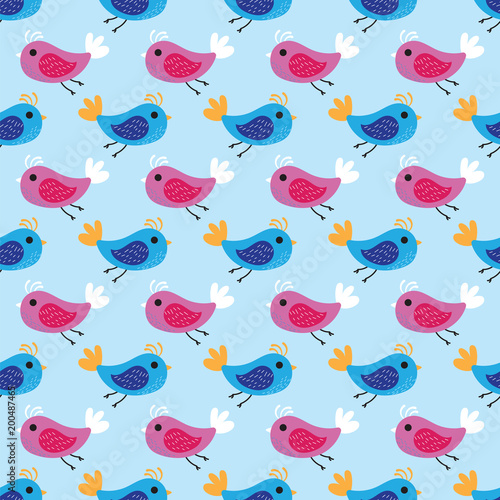Pink and blue birds pattern background. Seamless pattern colored birds on blue background.