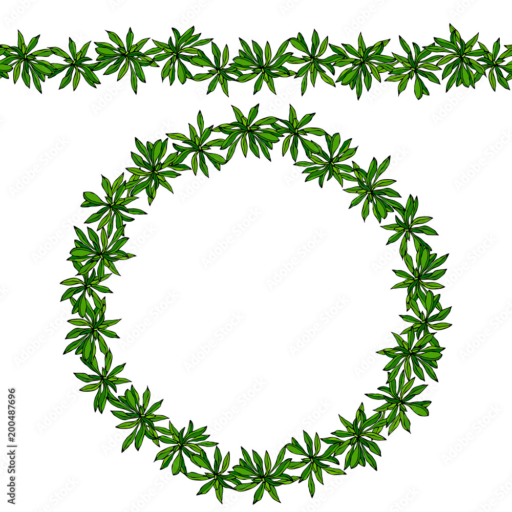 Green Savory Leaves Socket Endless Brush, Border. Herbs and Spices Shop Logo. For Summer Cuisine, Health Care, Invitations, Greetings Card. Realistic Hand Drawn Illustration. Savoyar Doodle Style. Green Savory Leaves Socket Endless Brush, Border. Herbs and Spices Shop Logo. For Summer Cuisine, Health Care, Invitations, Greetings Card. Realistic Hand Drawn Illustration. Savoyar Doodle Style.