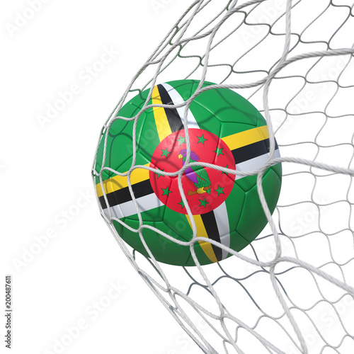 Dominica Dominican flag soccer ball inside the net, in a net.