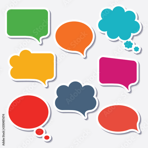 Blank empty colorful speech bubbles collection set with shadows and white border stroke isolated on white background.