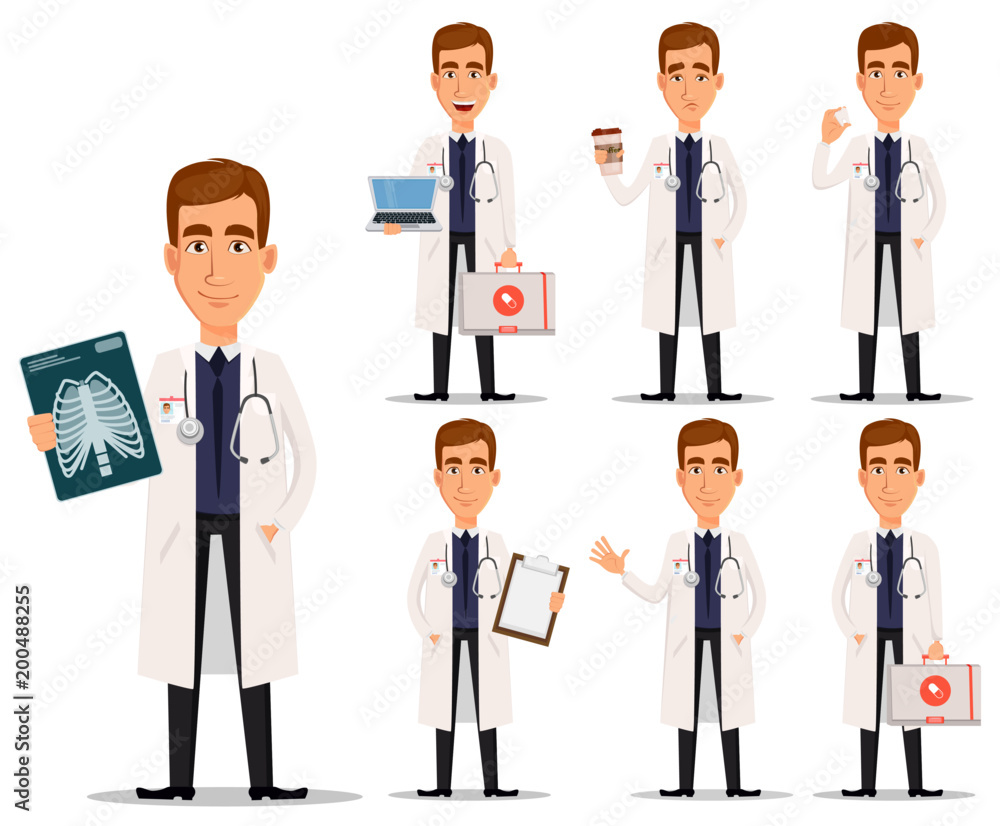 Young professional doctor in white coat, set Young professional doctor in white coat, set