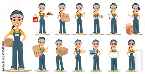 Courier woman set. Professional fast delivery