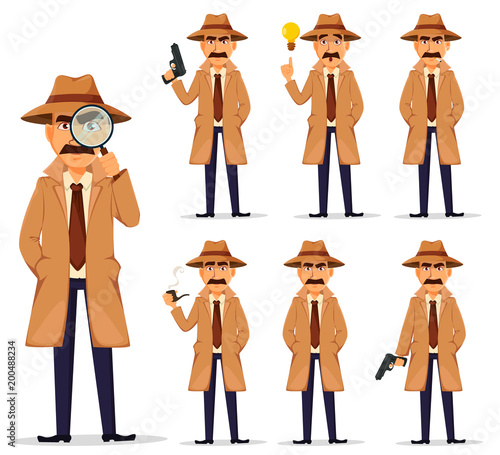 Detective in hat and coat, set.