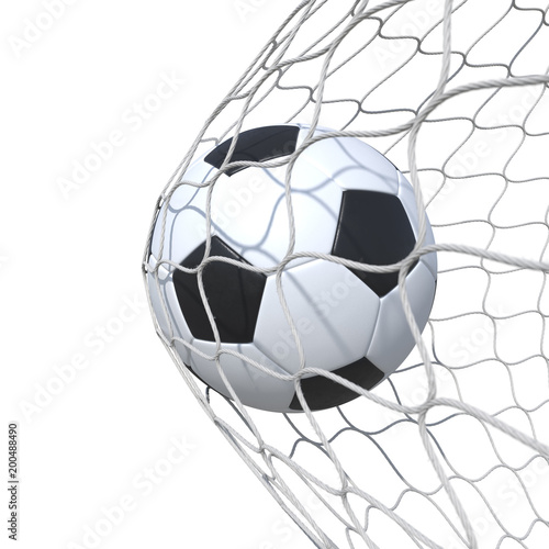 Fototapeta Naklejka Na Ścianę i Meble -  Оrdinary leather soccer ball inside the net, in a net.