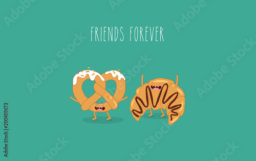 This is vector illustrations. The funny croissant and pretzel are friends forever. You can use for cards, fridge magnets, stickers, posters.
