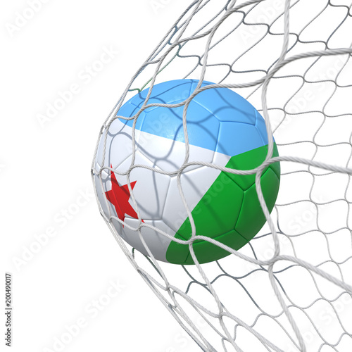 Djibouti Djiboutian flag soccer ball inside the net, in a net. © vahekatrjyan