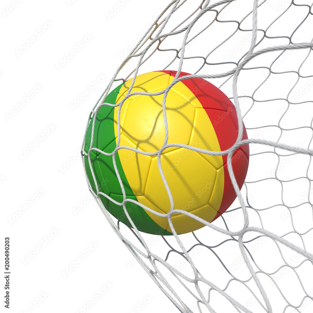 Mali Guinea Guineas flag soccer ball inside the net, in a net.