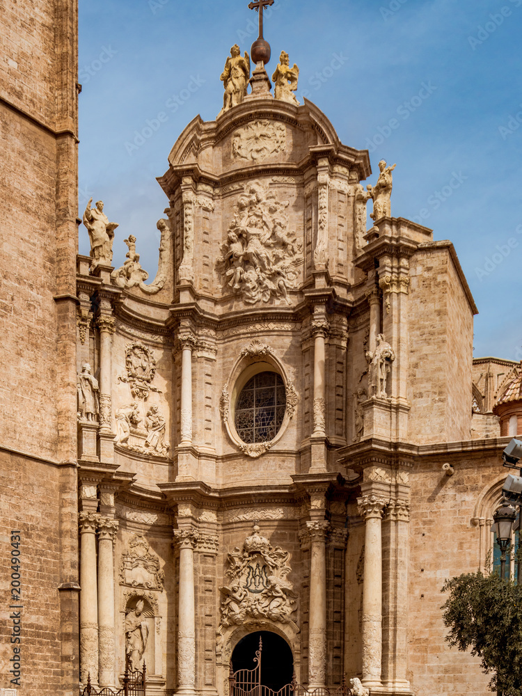Facade and gate of the Basilica of the Assumption of Our Lady of Valencia (Saint Mary's Cathedral or Valencia Cathedral).Known as 