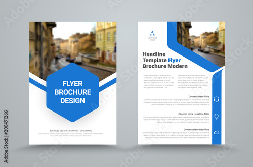Template of the standard size of a vector flyer with a hexagon and a place for a photo.
