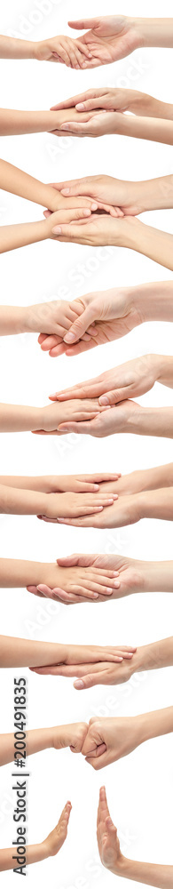 Set of female caucasian hand and kid hand gestures. Isolated on the white background