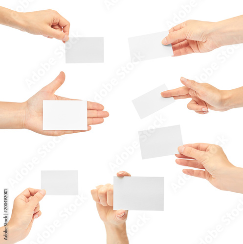 Set of Female hands hold a business card. Isolated on white background. copy space, template