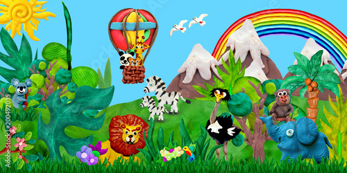 Traveling  by airballoon Zoo animals 3D rendering children banner illustration
 photo
